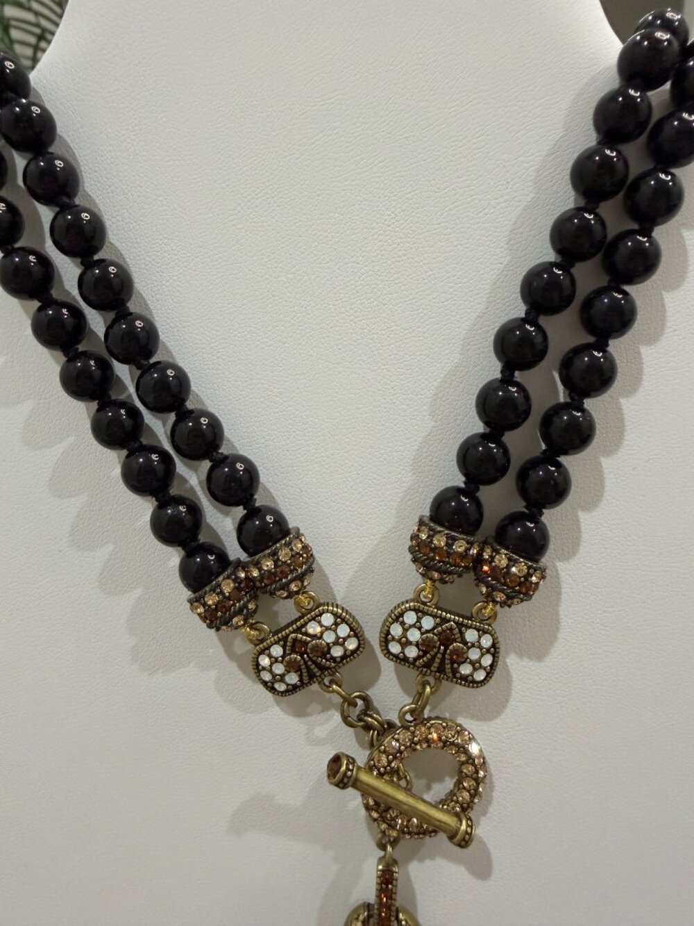 Heidi Daus Triple Strand Beaded Drop Statement Necklace Black Amber Crystal - Picture 6 of 14